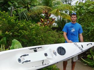 Mr Filmater with his Eden Island-sponsored sea kayak all set to carry out the shark research