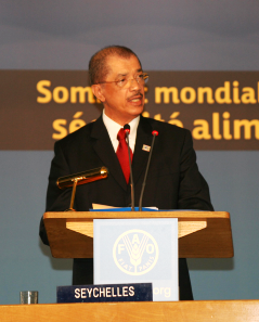 President Michel addressing an international forum. He has initiated renewable energy projects and launched the Seychelles Energy Commission