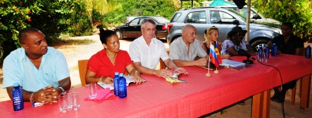 Mr Likhachev (4th from left) talking to the press yesterday at the site