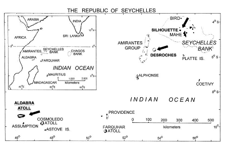 Map of Seychelles indicating locations of Aldabra Atoll (tagging site), and Desroches and Silhouette Islands (localities of subsequent sightings)