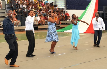 Mr Clarisse, composer of the theme’s song, is seen here performing the song on Saturday