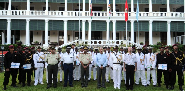 The medal recipients in a souvenir photograph with President Michel and members of the High-Level Committee on Piracy