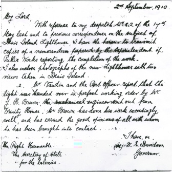 A letter from the then governor announcing completion of the lighthouse in 1910