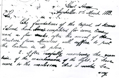 A letter announcing completion of the lighthouse’s foundation in 1883