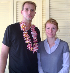 Record-breaker Thierry Olivier with his partner Marjorie at the airport