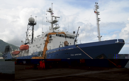 The Geo Arctic in Port Victoria. The survey vessel has now collected more than 40% of the total seismic data