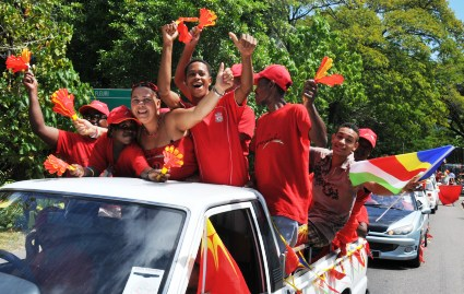 Parti Lepep supporters celebrating Mr Michel’s win