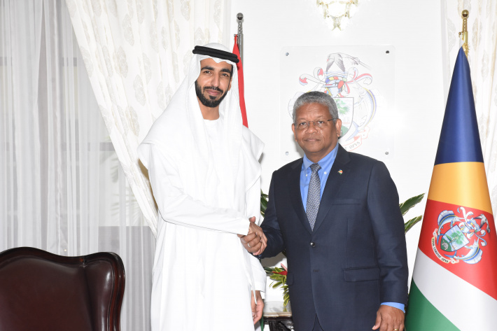    Courtesy call by Minister of State in the Ministry of Foreign Affairs and International Cooperation in the United Arab Emirates, Sheikh Shakhboot Nahyan Al Nahyan, on President Wavel Ramkalawan   