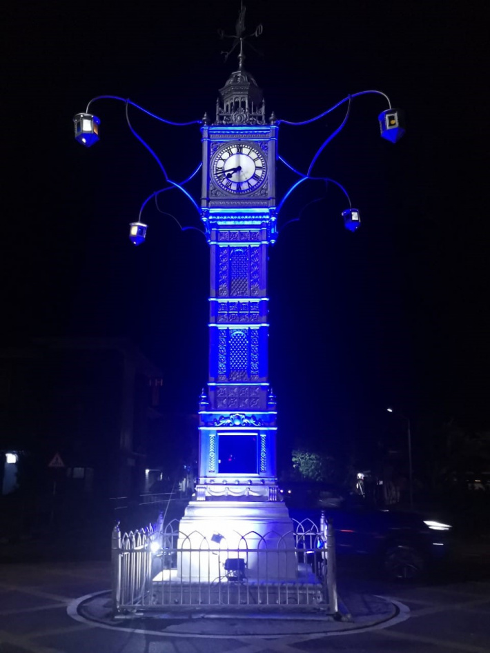 Clock Tower bathed in blue in support of autism